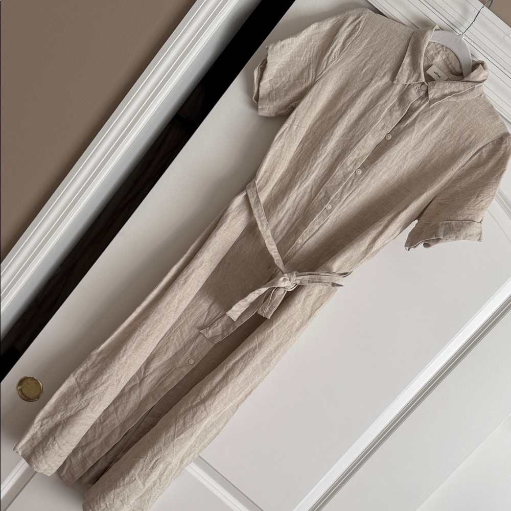Aritzia Wilfred Light Beige Button-Front Linen Shirt Dress with Tie Belt